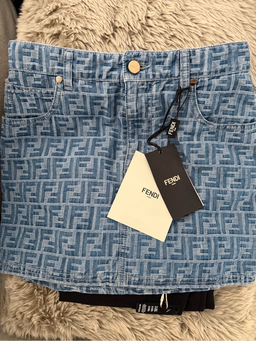 Fendi Light Blue FF Jacquard Denim Mini Skirt Authentic